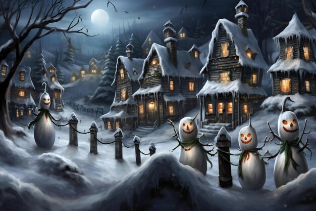 Photo halloween background snowman and snowman on the background of the village