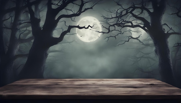 Хэллоуин фон Жуткий лес с полной луной и деревянным столом