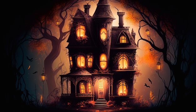 Halloween background. Spooky pumpkin with moon and dark forest. castle.