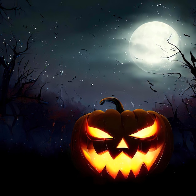 Halloween background Spooky pumpkin with moon and dark forest