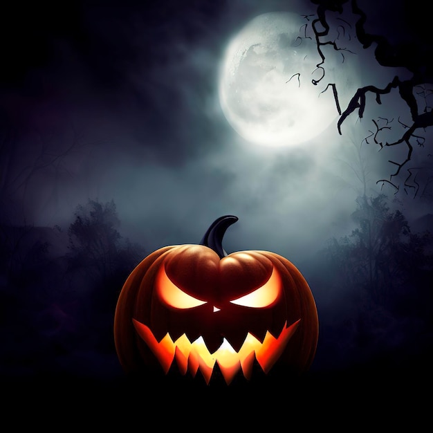 Halloween background Spooky pumpkin with moon and dark forest