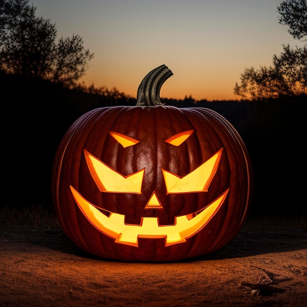 Halloween background Spooky pumpkin with moon and dark forest