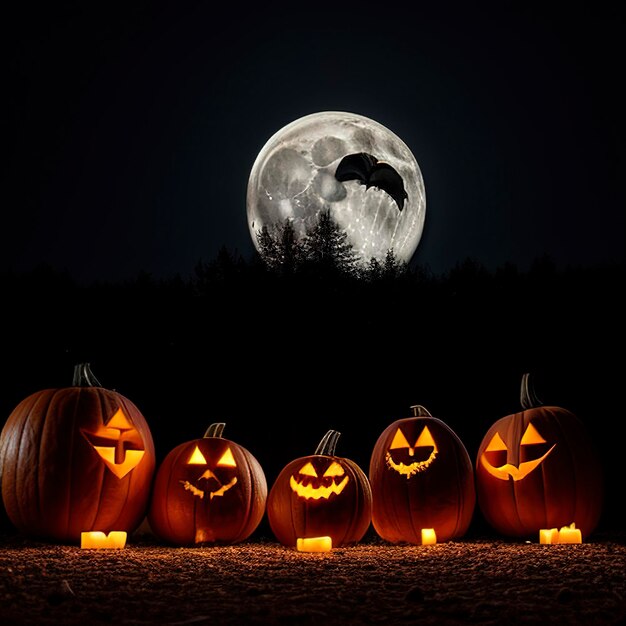 Halloween background Spooky pumpkin with moon and dark forest