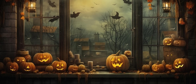 Halloween background spooky scene creepy pumpkins scary backdrop