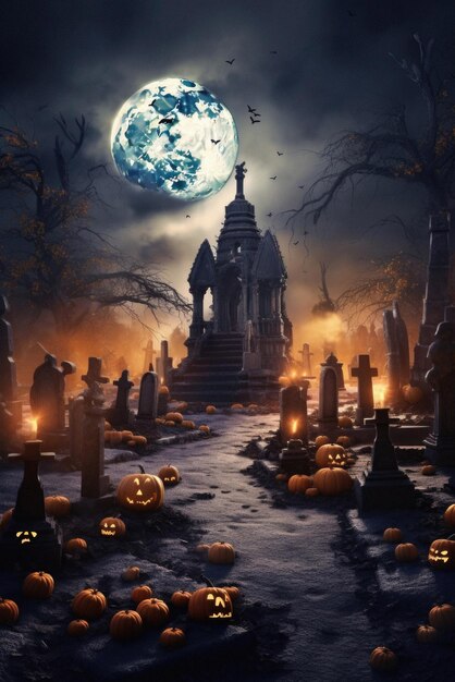 Halloween background spooky scene creepy pumpkins on scary graveyard