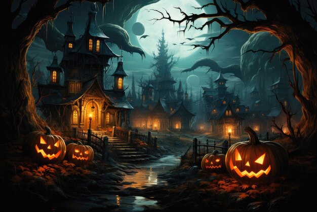 Halloween background spooky scene creepy pumpkins on scary graveyard