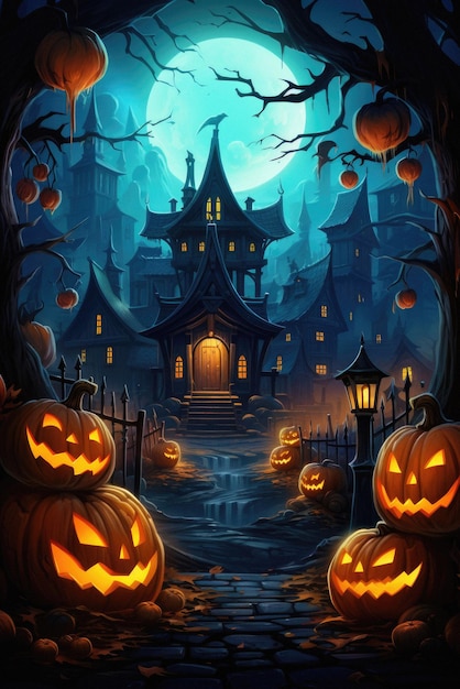 Halloween background spooky scene creepy pumpkins on scary graveyard
