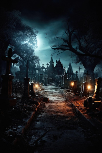 Halloween background spooky scene creepy pumpkins on scary graveyard