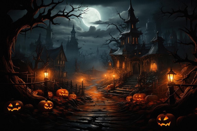 Halloween background spooky scene creepy pumpkins on scary graveyard