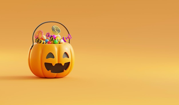 Foto modello di sfondo di halloween con secchio di zucca di halloween e banner del sito web di caramelle in stile 3d