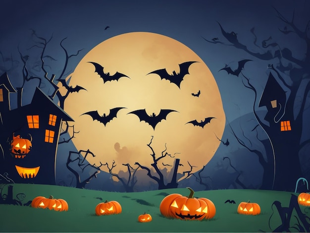 Halloween Background Vector Halloween orange background with many flying bats old house moon tre