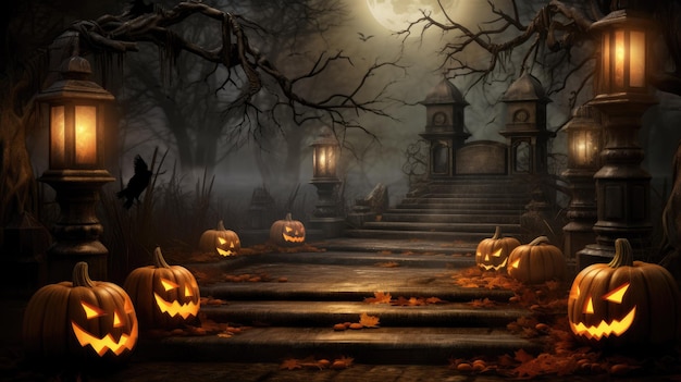 Halloween background way to dead land pumpkins and door