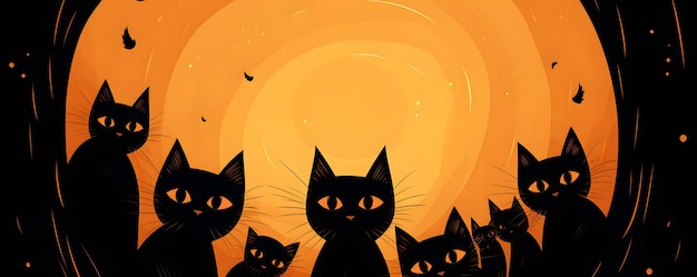Halloween background with abstract black cats on an orange background Modern childish Halloween art