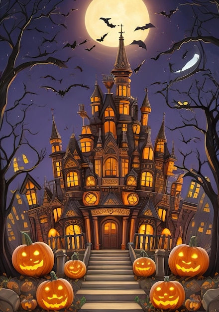 Halloween background with bats and pumpkins Generative AI