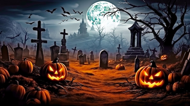 Halloween background with bats and pumpkins graves castle on a spooky night with fantastic big moon