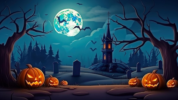 Halloween background with bats and pumpkins graves castle on a spooky night