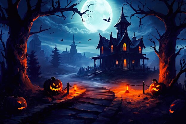 Halloween background with big moon old house pumpkins