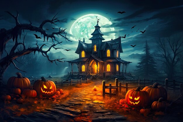 Halloween background with big moon old house pumpkins