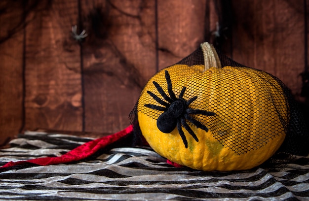 写真 大きなカボチャとクモのハロウィーンの背景