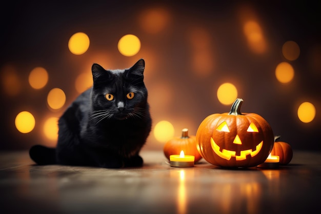 Foto sfondo di halloween con gatto nero jack o lanterna e luci bokeh