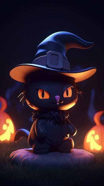 Halloween background with black cat in witch hat 3d render Chibi art 3D glowing light nft style