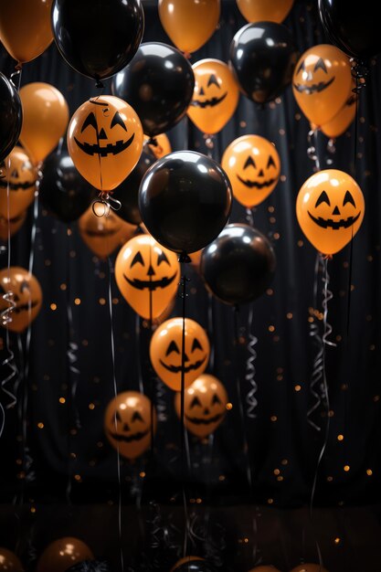 Foto sfondo di halloween con palloncini neri e arancione su sfondo scuro spazio di copia ia generativa