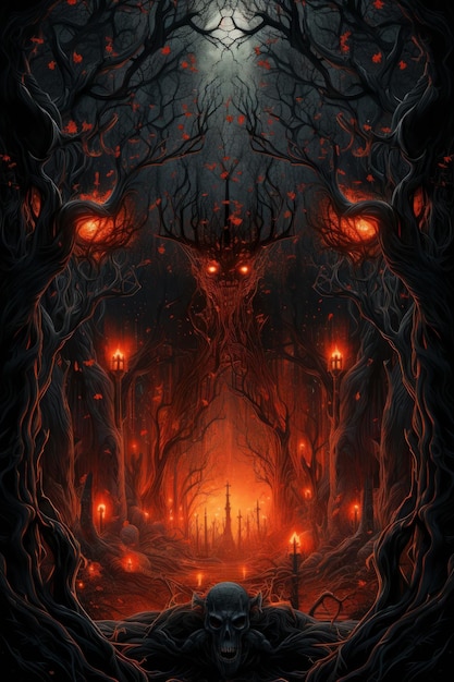 Halloween background with burning tree and skull 3D illustration