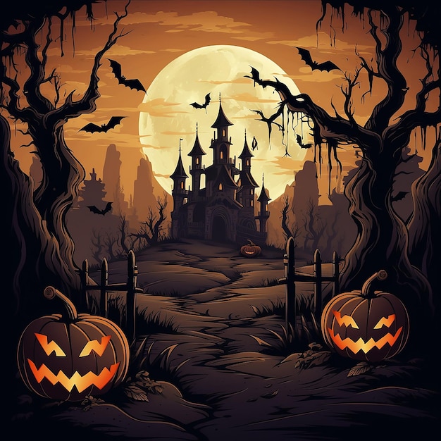 Halloween background with carved pumpkins flying bats and spooky atmosphere