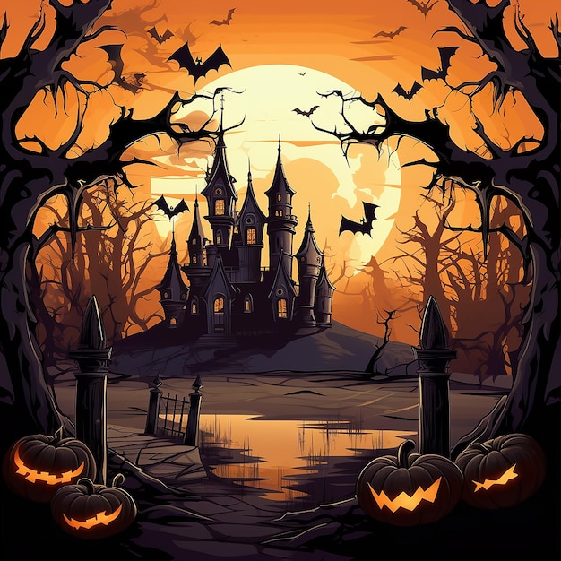 Halloween background with carved pumpkins flying bats and spooky atmosphere