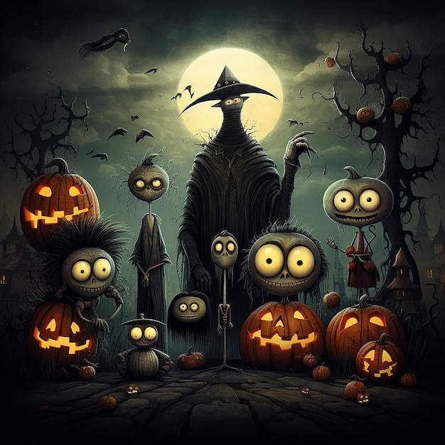 Halloween background with carved pumpkins flying bats and spooky atmosphere