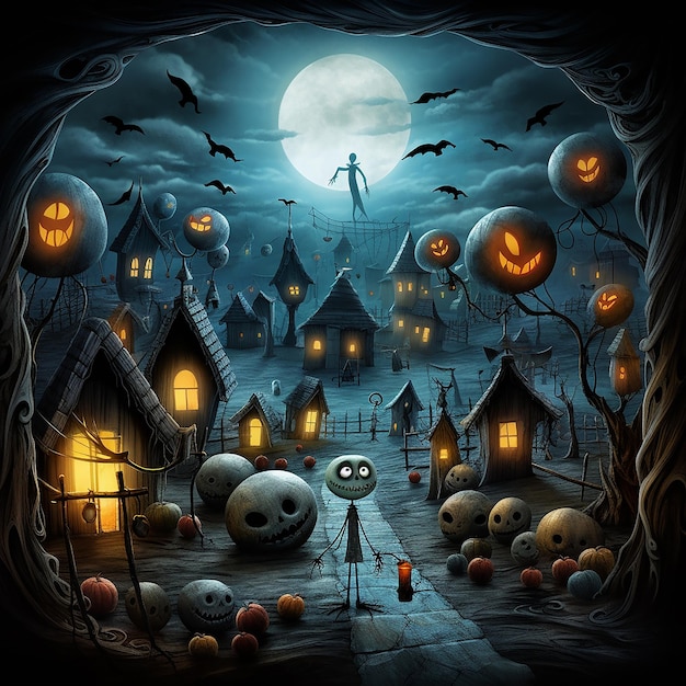 Halloween background with carved pumpkins flying bats and spooky atmosphere