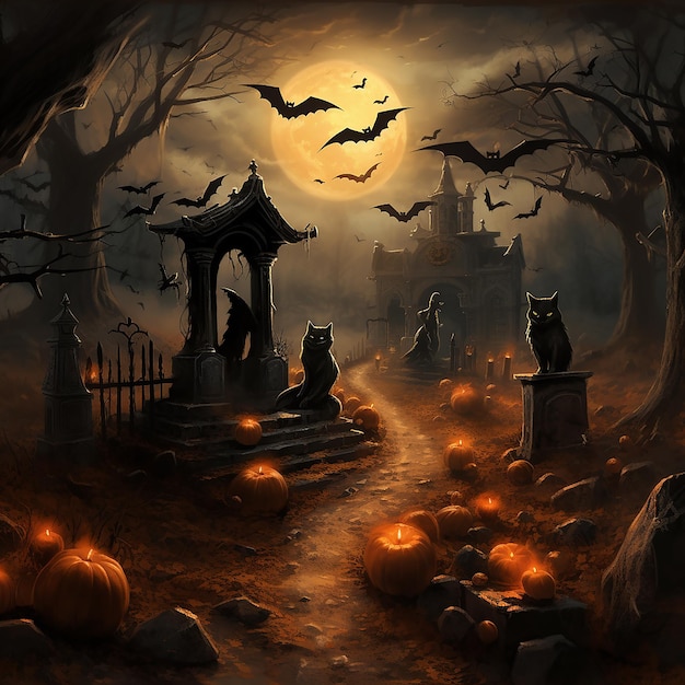 Halloween background with carved pumpkins flying bats and spooky atmosphere