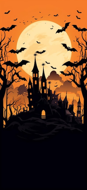 Хэллоуинский фон с замком и летучими мышами в небе