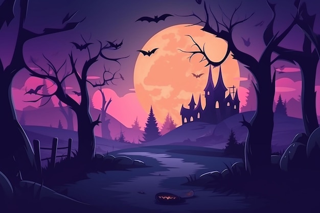 A halloween background with a castle and bats