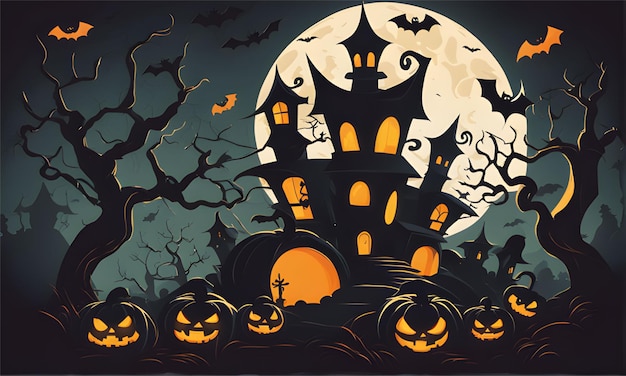 Halloween background with castle pumpkin