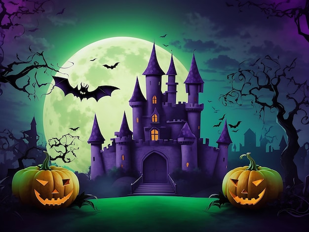 Halloween Background With Cat Pumpkins Candles in a Forest at Moonnight By Artificial Intelli