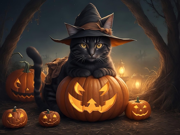 Halloween Background With Cat Pumpkins Candles in a Forest At Moonnight By Artificial Intelligence