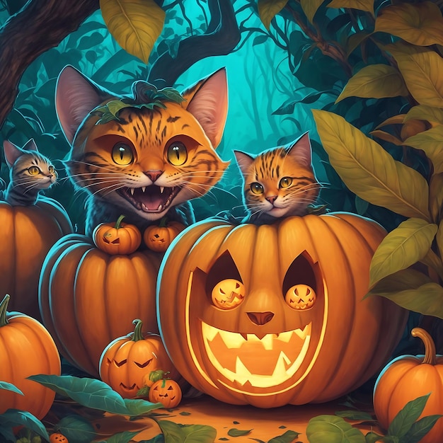 Halloween Background With Cat Pumpkins Candles in a Forest At Moonnight By Artificial Intelligence