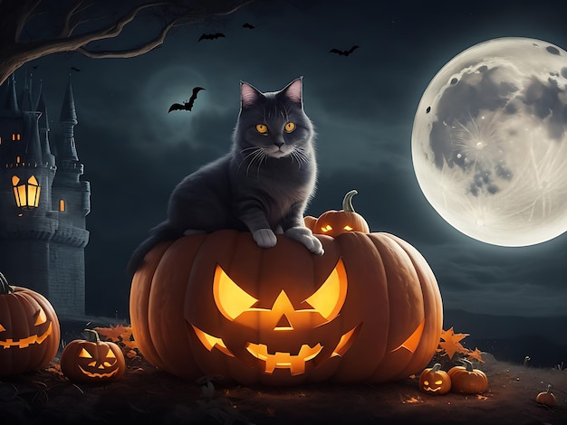 Halloween Background With Cat Pumpkins Candles In A Spooky Forest At Moonnight By Artificial Intelli