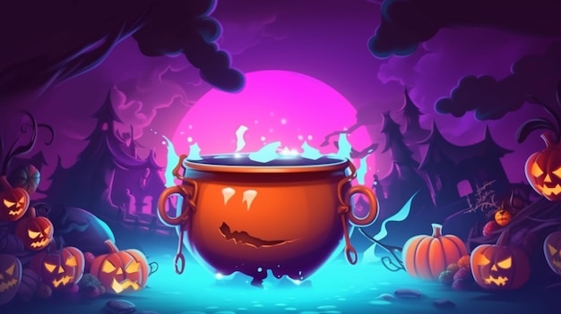 Halloween background with cauld and pumpkins in the dark generative ai