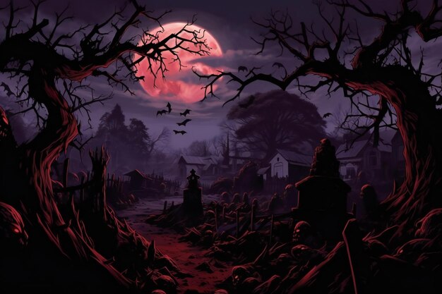 Halloween background with cemetery and full moon