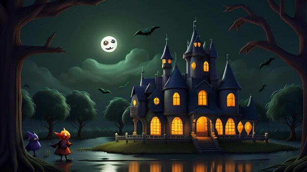 Halloween background with creepy pumpkins of spooky Halloween haunted mansion night with full moon