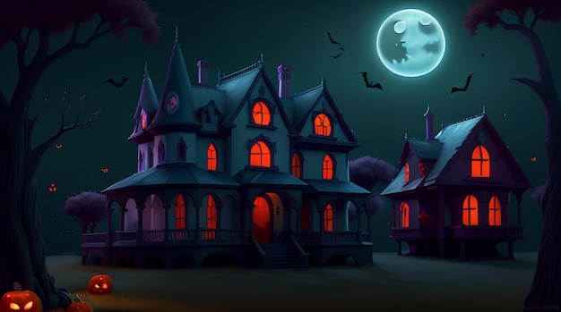 Halloween background with creepy pumpkins of spooky Halloween haunted mansion night with full moon