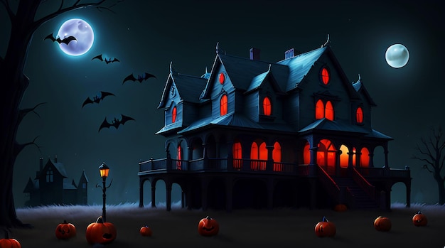 Halloween background with creepy pumpkins of spooky Halloween haunted mansion night with full moon