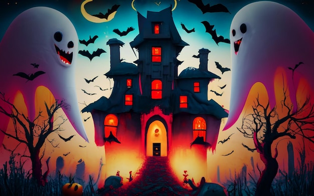 Halloween background with creepy pumpkins of spooky haunted mansion with full moon Ai generated