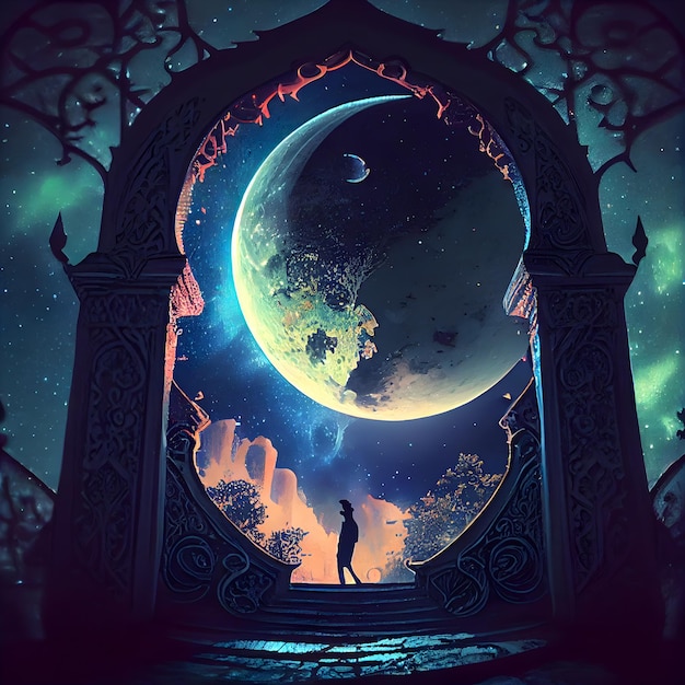 Halloween background with crescent moon and woman 3d rendering