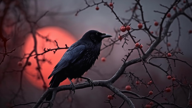 Halloween background with crow and full moongenerative ai