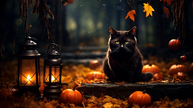 Halloween background with cute animals and pumpkins in autumn colors and commercial photo style