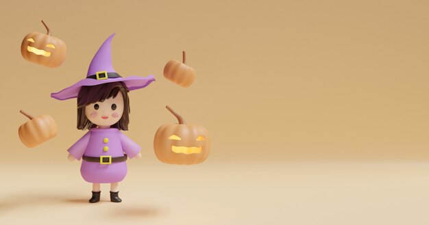 Halloween background with cute witch and pumpkins  .