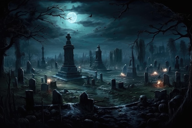 Halloween background with a dark and creepy graveyard Generative AI